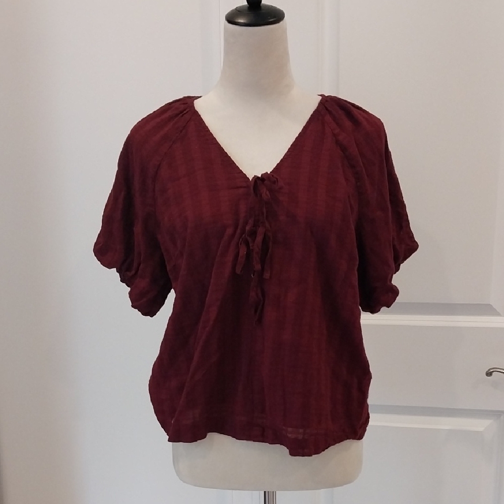 LOFT Burgundy Tie-Front V-Neck Puff Sleeve Blouse